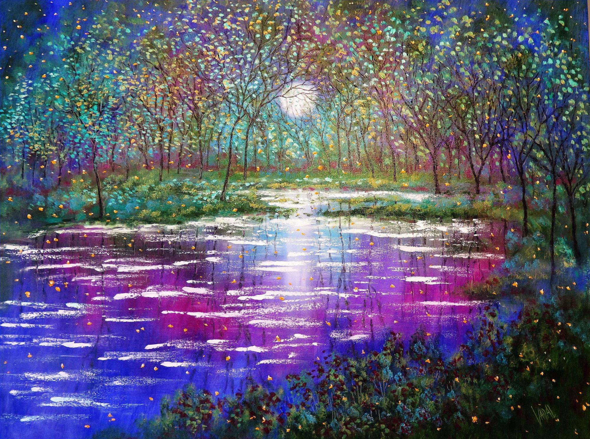 Paysage printemps arbres lac et lucioles décor de jardin paysage art mural nature paysage Peintures à l'huile